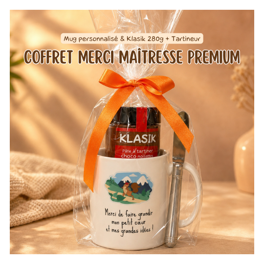 Coffret cadeau maîtresse premium - Mug personnalisé, tartineur & Klasik 280g