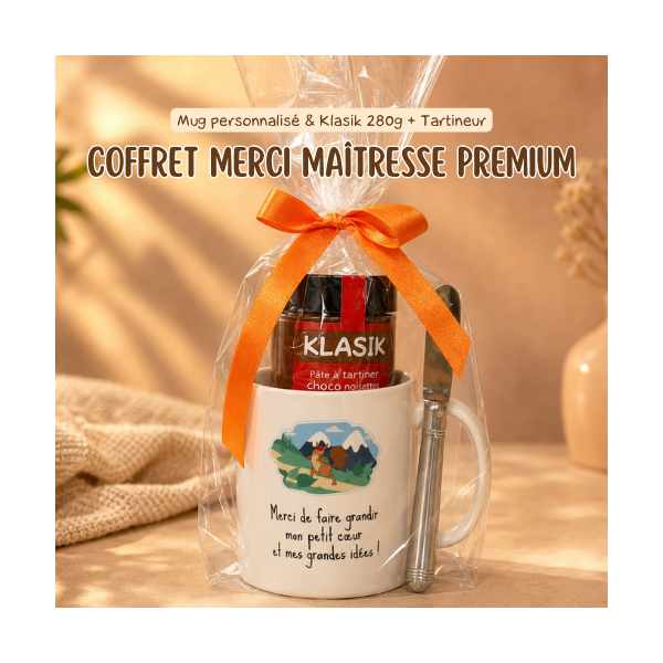 Coffret cadeau maîtresse premium - Mug personnalisé, tartineur & Klasik 280g
